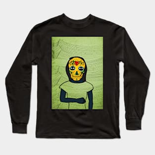 CZ - Dark-Eyed Female Character with Mexican Mask and Waves Background Long Sleeve T-Shirt